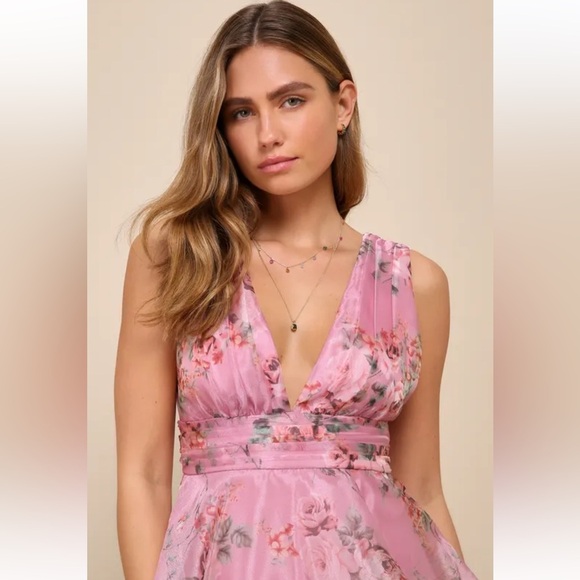 Lulus Garden Radiance Pink Floral Print Organza Tiered Maxi Dress - Picture 4 of 6